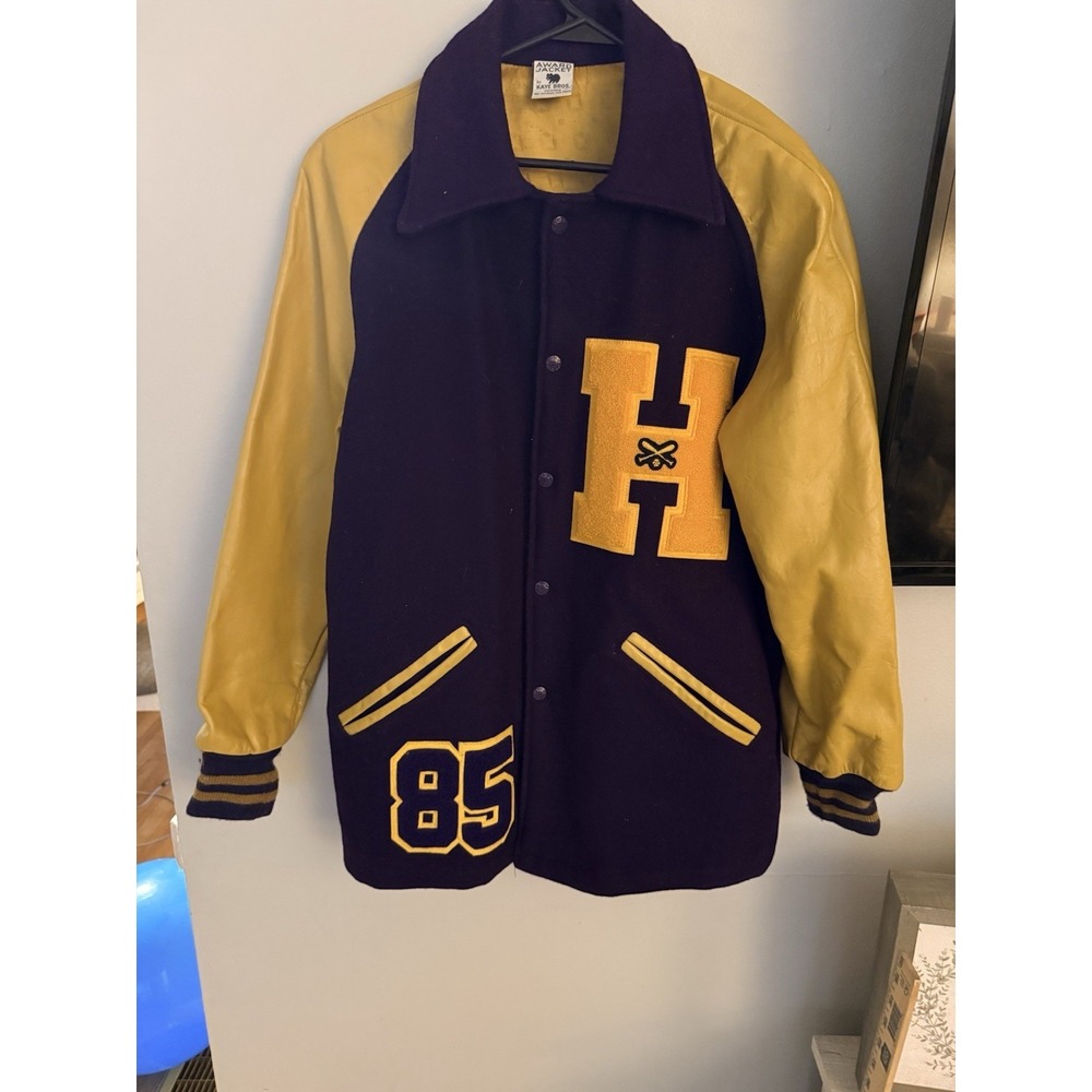 Vintage Varsity Letterman Jacket, Purple Yellow Gold Baseball Male HS Highschool